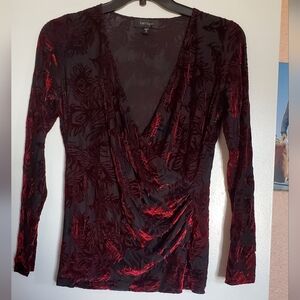 Karen Kane Deep Red Velour Runched Floral Blouse